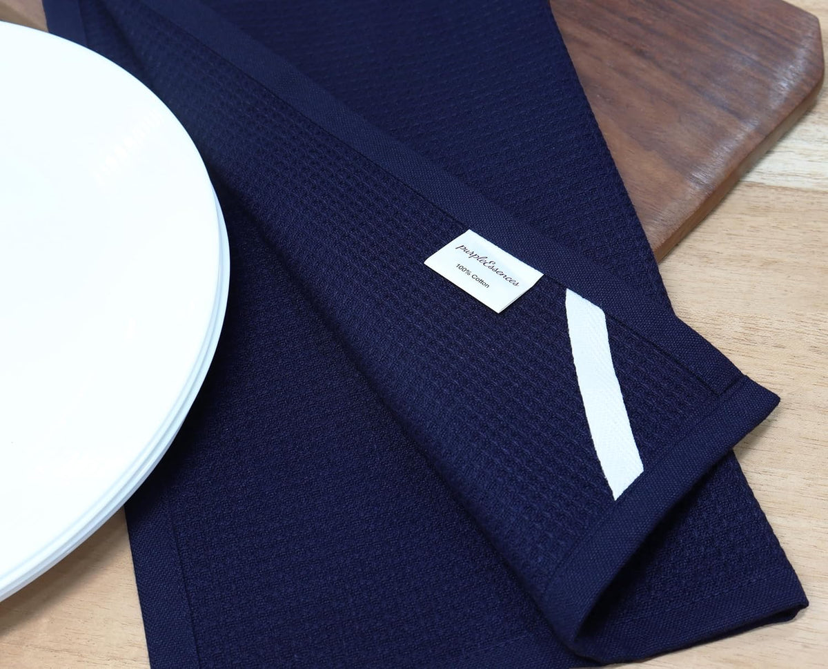 PurpleEssences Waffle Weave Kitchen Towel, 100% Cotton - 15 x 25 Inches, with Hanging Loop Ultra Soft Absorbent Quick Drying Dish Cloth, Tea and Hand Towels, 4 Pack - Navy Blue
