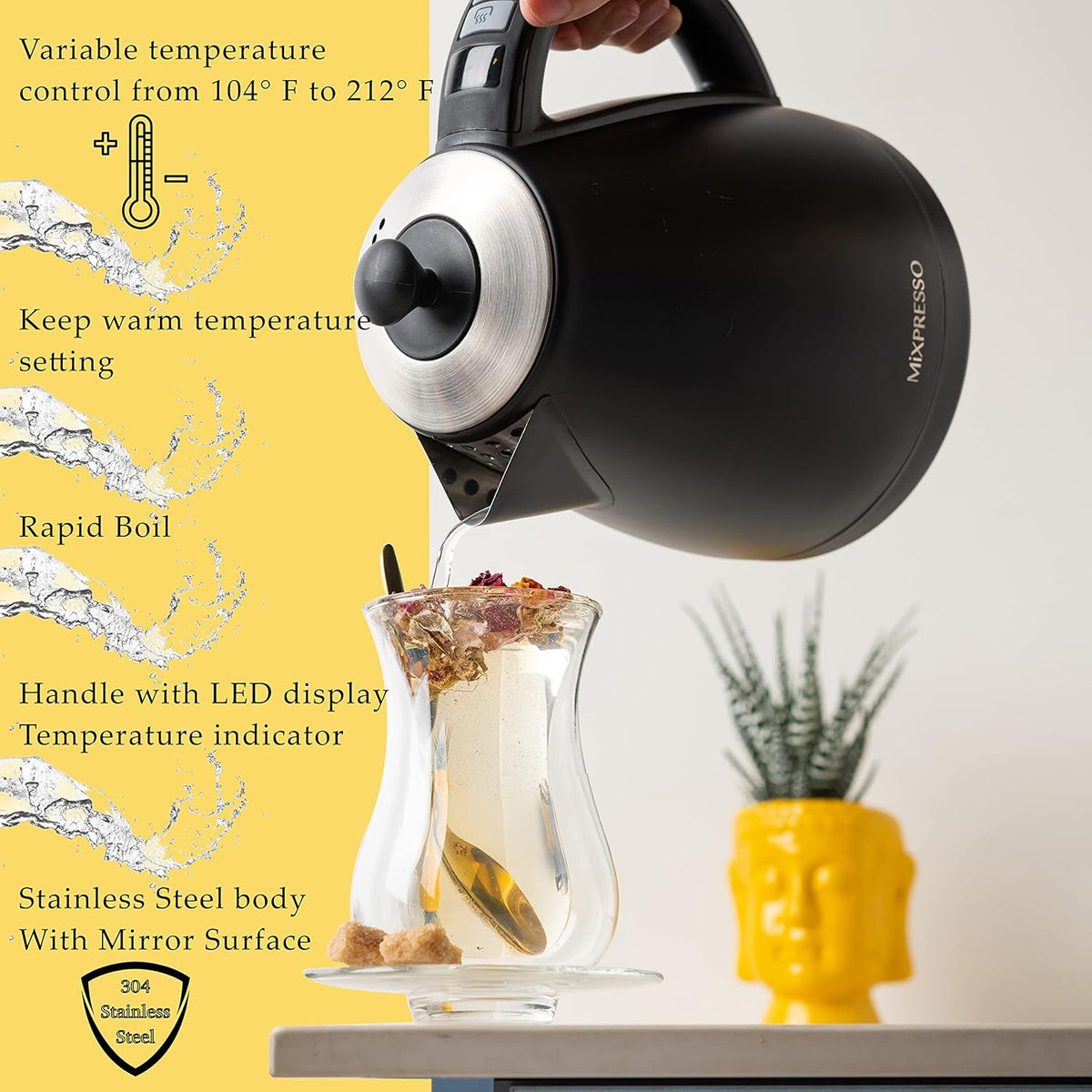 Mixpresso Electric Kettle Temperature Control, Hot Water Kettle Electric, Cordless 1 Liter Capacity, Keep Warm & Led Indicator, Auto-Shutoff, Boil-Dry Protection, Black Electric Kettle