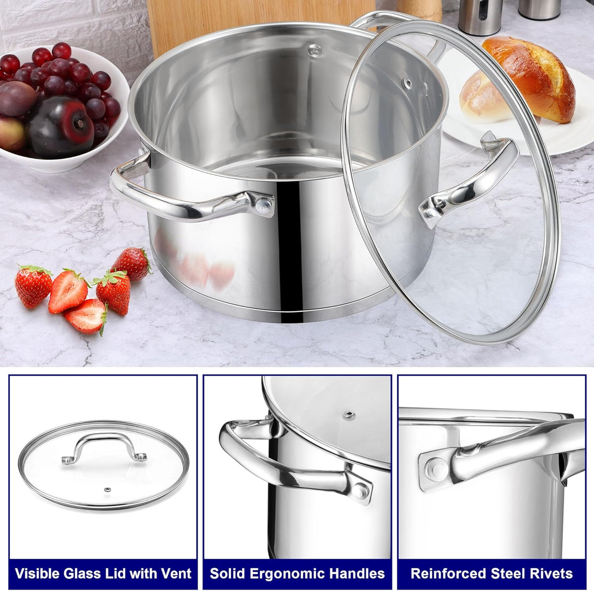 LIANYU Stainless Steel Stock Pot, 8 QT Large Soup Pot for Home Kitchen, Heavy Duty Cookware Compatible with Ceramic Gas Induction Cooktop, Dual Handles & Glass Lid, Dishwasher Safe