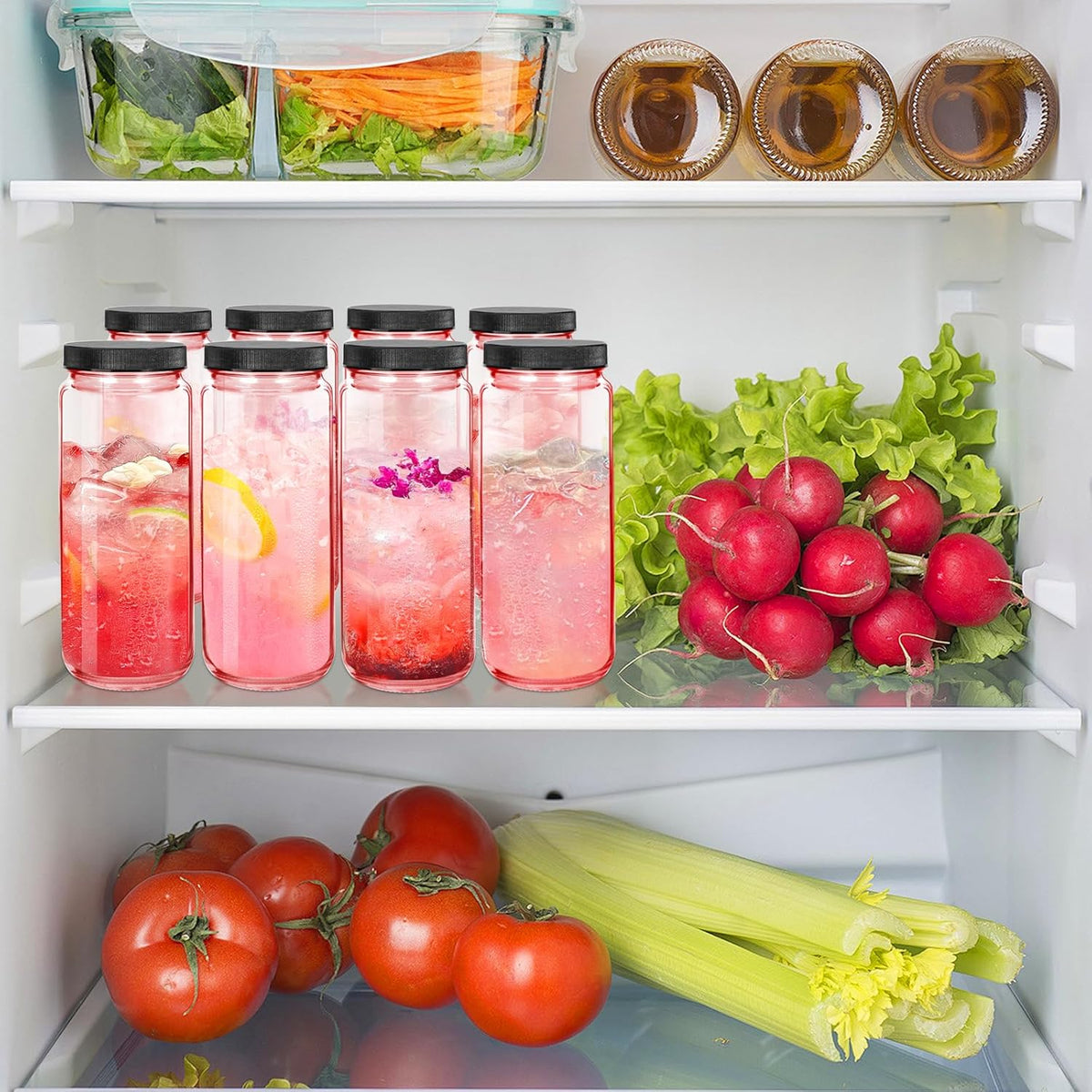 Ruckae Pink 16oz 10 Pack Juice Bottles, Glass Bottles Juicing with Lids, Smoothie Cup Lids and Straws, Water Bottle Mason Jar Drinking Glasses for Juicing, Smoothies, Kombucha