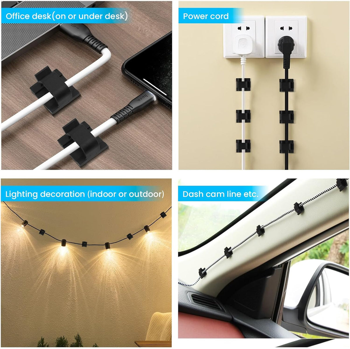 30 Pcs Small Black Adhesive Cable Clips for Cord Management Under Desk Nightstand Phone PC Charger Plug Speaker TV Cord Holder Keeper Hook Wall Wire Organizer Car Dash Cam Ethernet Christmas Light