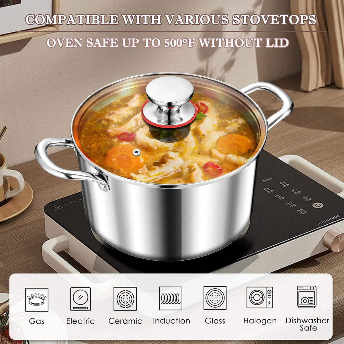 Herogo 4 Quart Stock Pot, 18/10 Stainless Steel Cooking Pot with Lid, Tri-Ply Pasta Stockpot with Handles, 4 QT Stockpot for Induction Gas Electric Stove, Dishwasher Safe