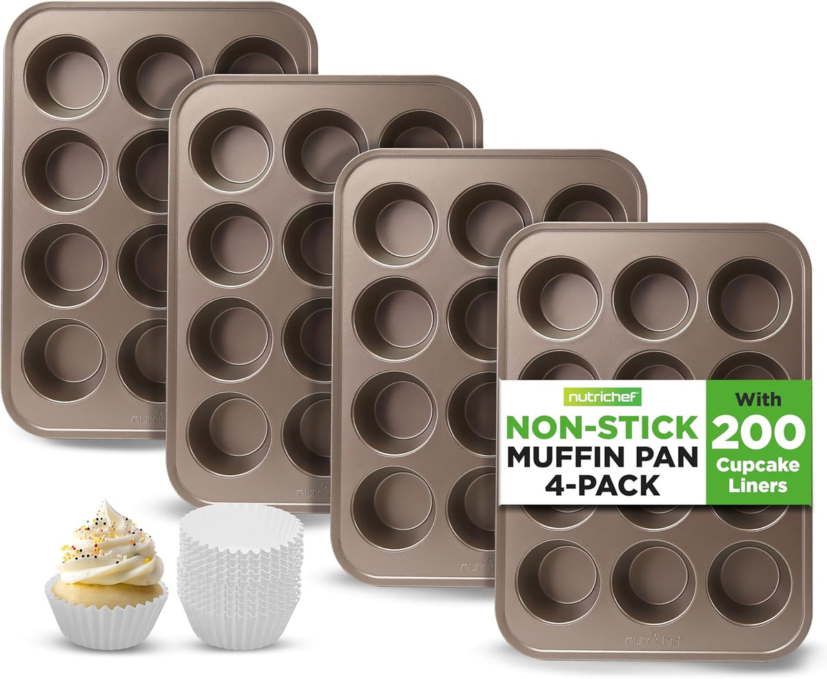 NutriChef Muffin Pans for Baking 4-Pack | Nonstick 12 Mold Cupcake Tins | Carbon Steel Stackable Cup Cake Trays | Dishwasher & Oven Safe | Includes 200 Parchment Paper Liners | 13 x 10 x 1 | Gold
