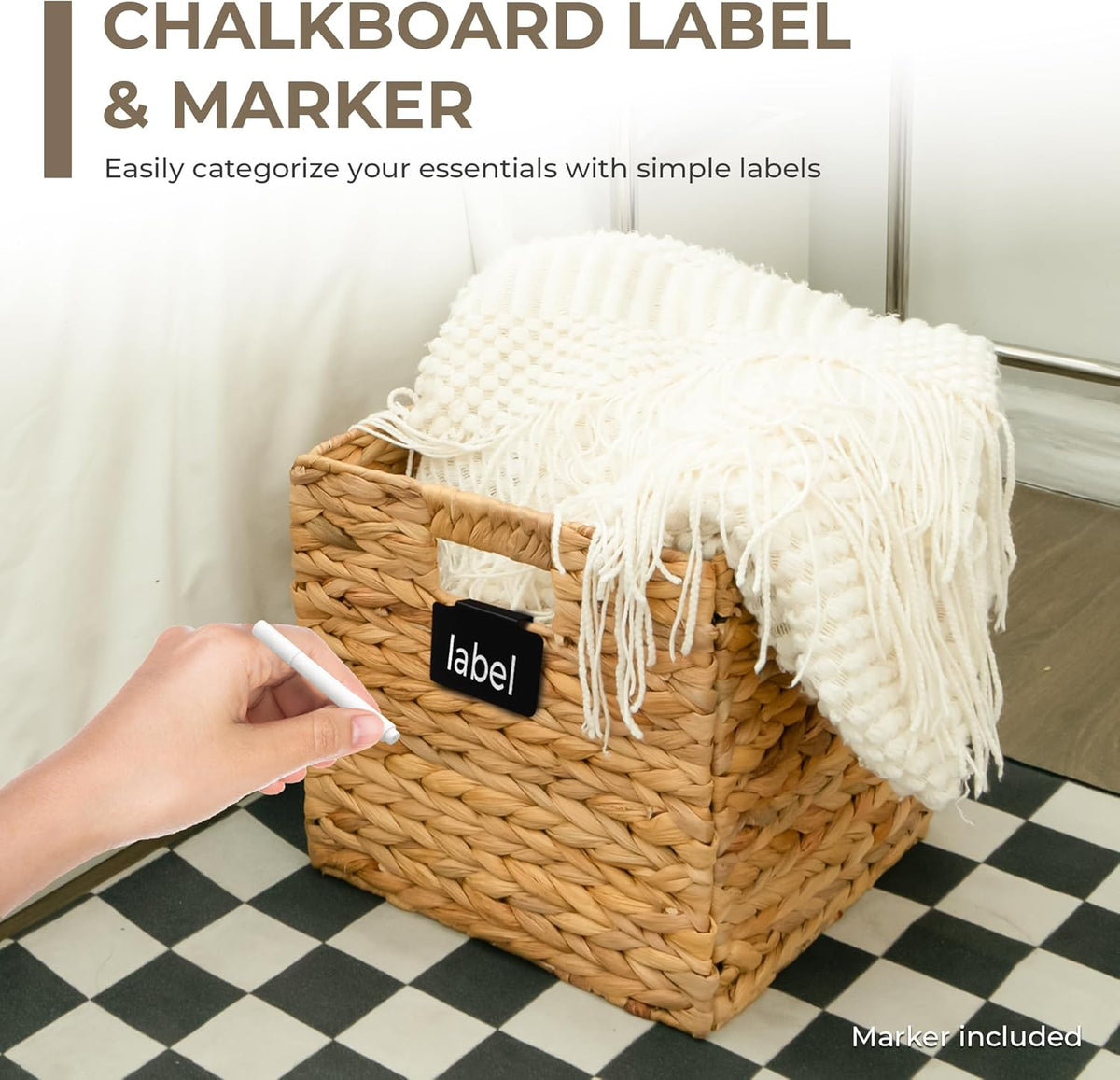 KOKODO 16.5"Lx13"W Large Wicker Storage Baskets with Chalkboard, Stylish and Durable Water Hyacinth Rectangle Handwoven Basket Bin with Metal Frame & Handle for Room Organizing