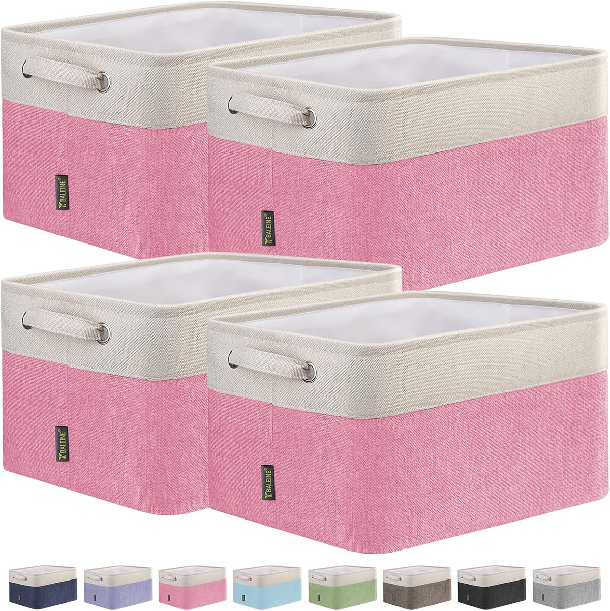 BALEINE 4 Pack Fabric Storage Bins for Shelves, Linen Storage Baskets for Organizing, Decorative Closet Bins for Clothes, Home (Pink, 15''x11''x9.5'')
