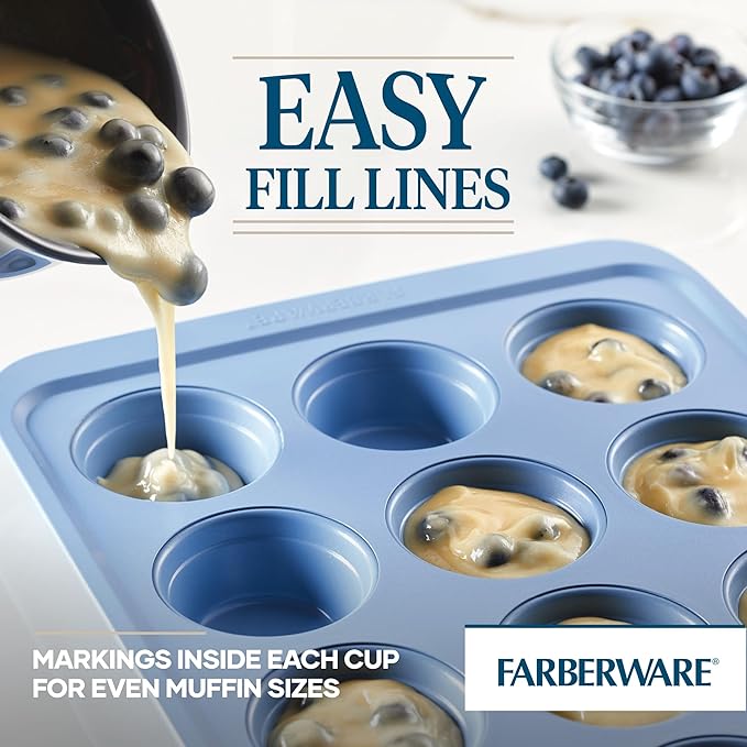 Farberware Easy Solutions Nonstick Bakeware Muffin/Cupcake Baking Pan, 12-cup with fill lines - Blue