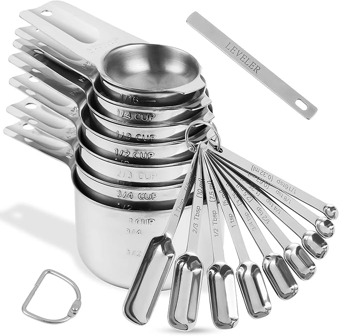 Measuring Cups and Spoons Set, 18/8 Stainless Steel Measuring Cups and Spoons Set, Metric & US Measuring Tools Set, Heavy Duty 7 Cups and 9 Spoons 1 Leveler for Baking and Kitchen
