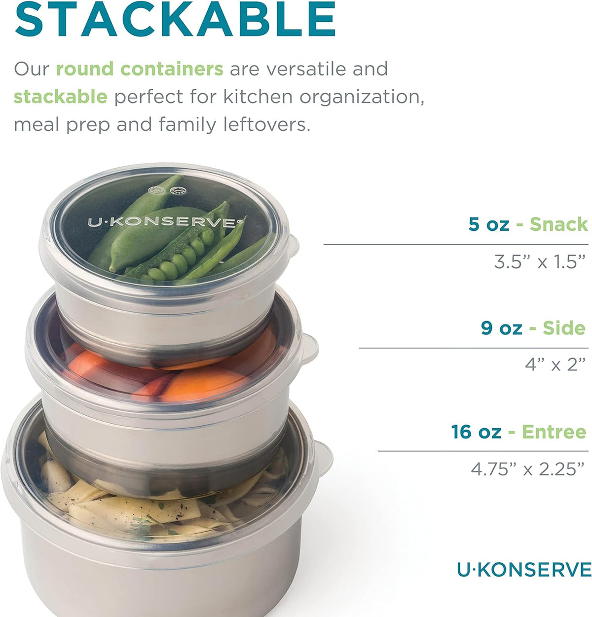U Konserve Stainless Steel Nesting Trio Food Containers with Silicone Lids, Leak Proof & Dishwasher Safe (Set of 3: 5/9/16 oz)