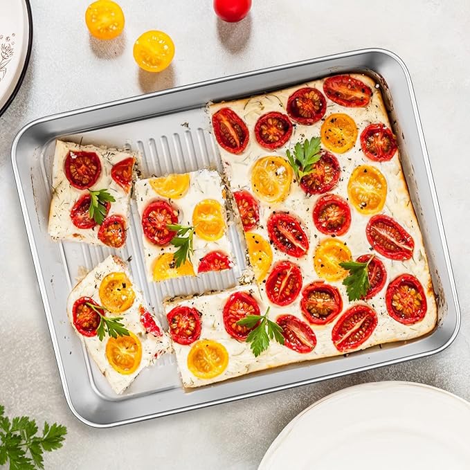 Baking Pans Set of 3, E-far Stainless Steel Sheet Cake Pan for Oven - 12.5/10.5/9.4Inch, Rectangle Textured Pan Tray Set for Lasagna Brownie Casserole Cookie, Non-toxic & Healthy, Dishwasher Safe