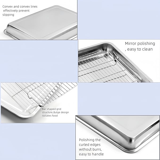 Roasting Pan Heavy Duty Stainless steel Turkey Pans for Oven,Toaster Oven Tray Pans with cooling rack,Hotel Pan, Barbeque Grill Pan,Deep Edge,Mirror treatment, Dishwasher Safe (15.5"x11.6"x2.8")