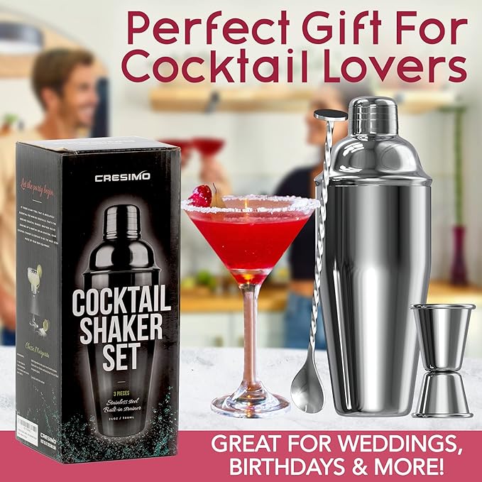 Cresimo 24oz Cocktail Shaker Set with Bar Accessories for Home Bar - Martini Shaker with Jigger and Drink Mixer Spoon - Alcohol Bartender Gift - Bartending Kit Essential for Home