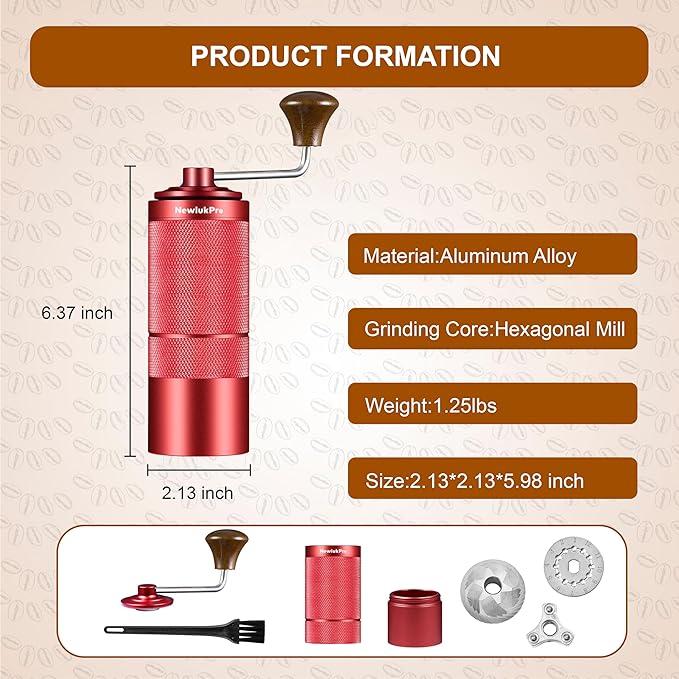 M6 Manual Coffee Grinder,Beautiful Design for Women,Smooth Grinding & Labor Saving,Portable Mini Hand Coffee Grinder for Espresso Pour Over French Press at Home or Camping Travling,Red