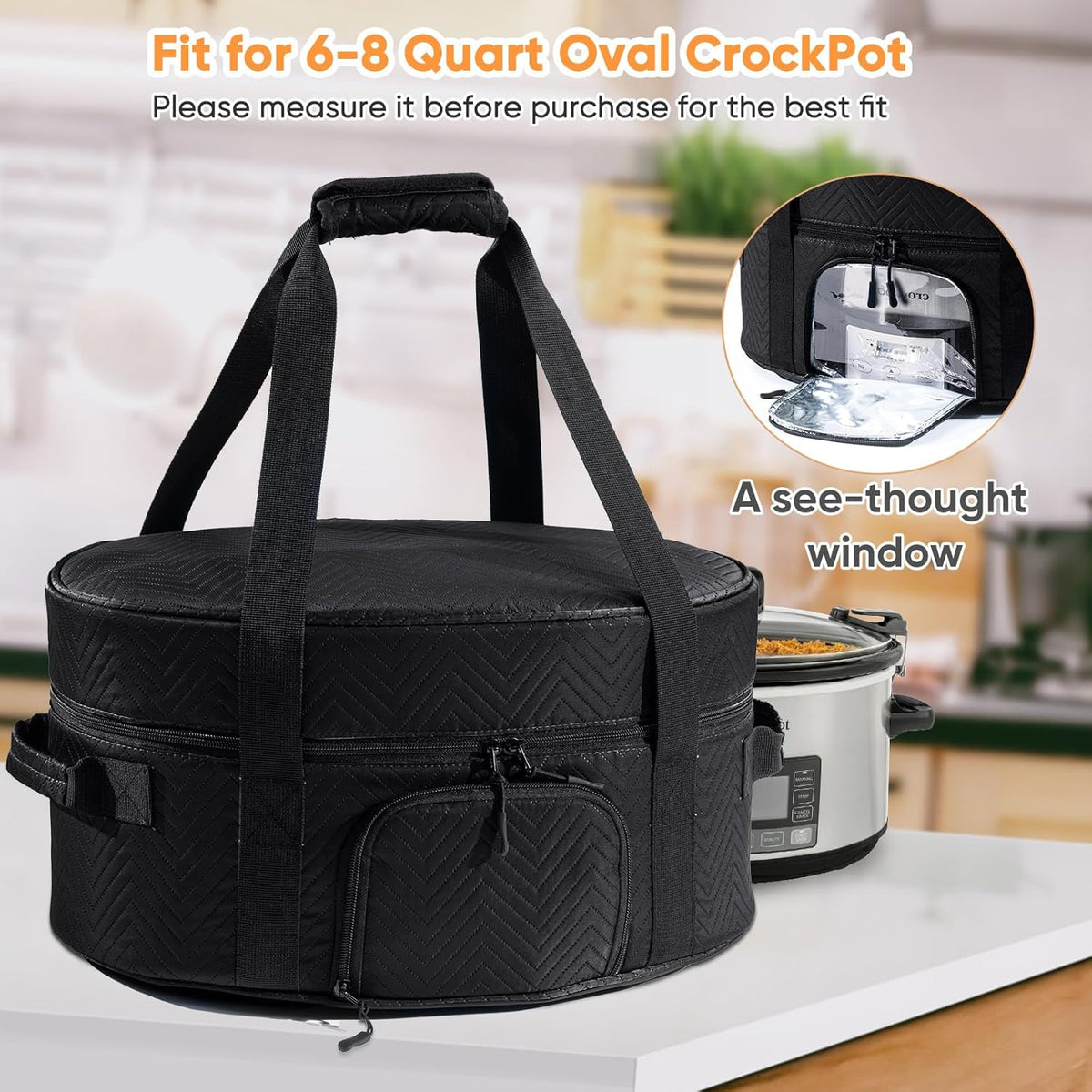 Insulated Slow Cooker Carrying Bag for 6-8 Quart CrockPot and Hamilton Beach Slow Cooker with See-thought Window, Portable Carrier Case with Adjustable Band and Accessory Pocket