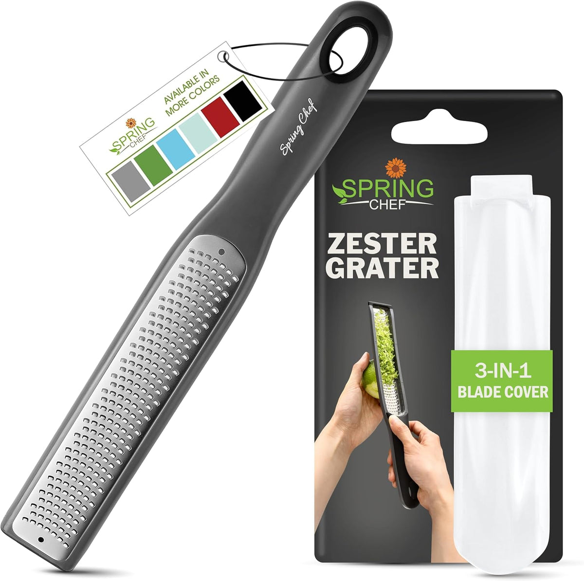 Spring Chef Premium Gray Lemon Zester Grater with Handle - Lime, Garlic, Ginger, Orange, Nutmeg, Fruit Grater - Heavy Duty Kitchen Tool - Stainless Steel Citrus Zester with Blade Cover - Fine Shred