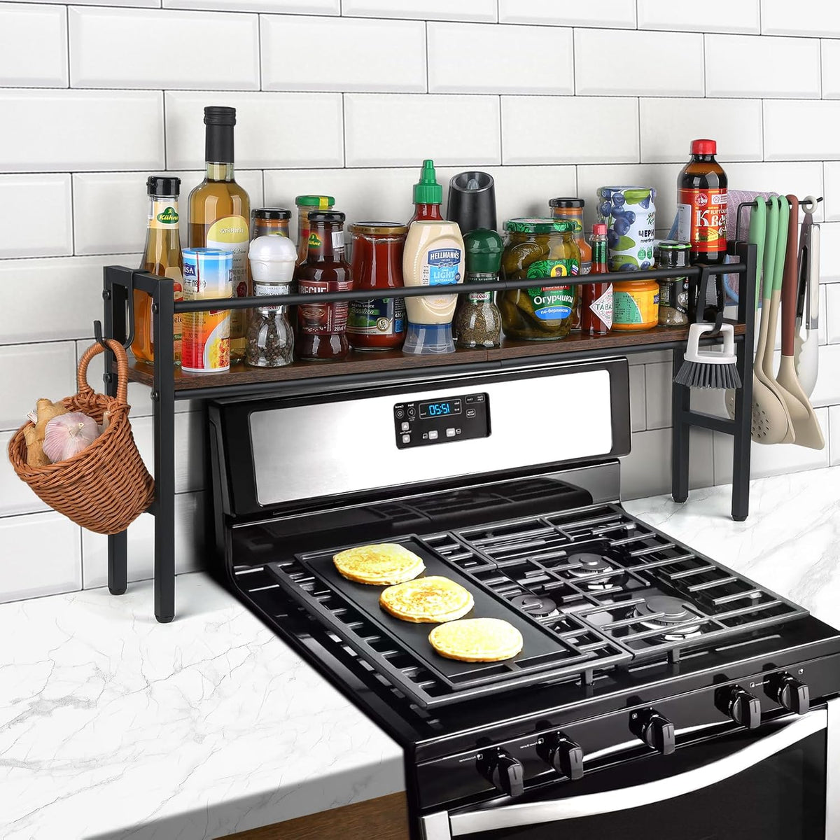 Meangood Spice Rack Shelf for Kitchen Stove, Over the Stove Shelf with 4 Hooks Extra Storage Countertop, Rustic Wood & Solid Metal Commbined Stove Shelf for Storage Seasoning, Easy to Assemble