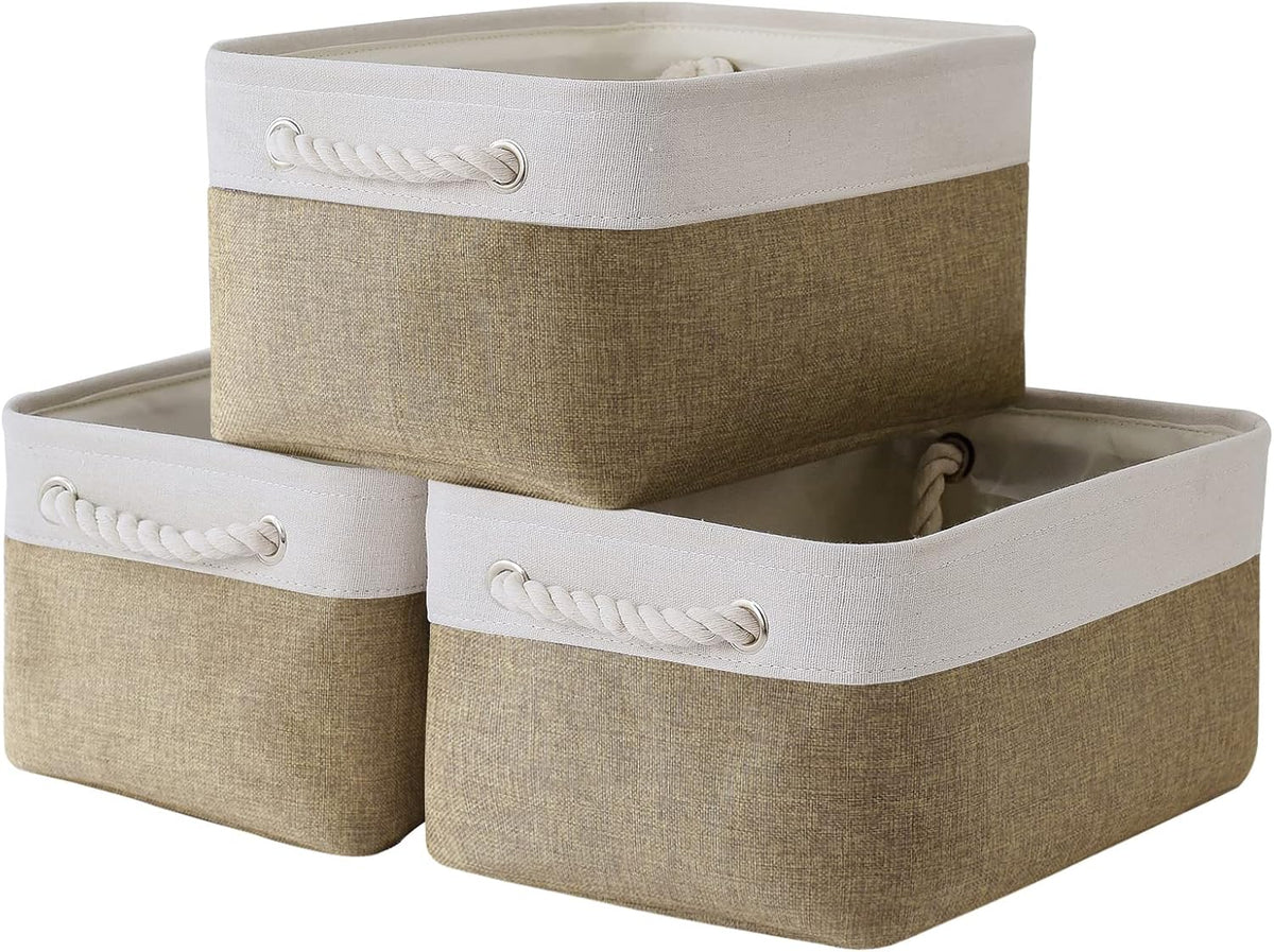 TheWarmHome Storage Basket for Organizing - 14x10x7 inch Medium 3 Pack Collapsible Storage Bin for Shelves with Handles, Canves Storage Box for Organizer Cubes Cloth Gift Toy Closet (White & Khaki)
