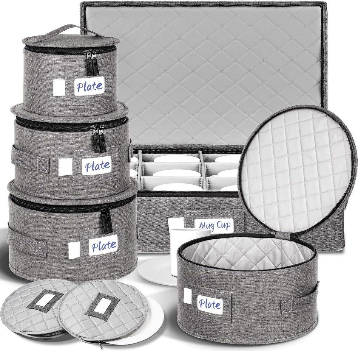 LUXULA China Storage Containers for 12 Place Setting with Two Plate Bags, 5 Pcs Hard Shell Quilted China Storage Cases for Dinner Plates, Salad Plates, Dessert Plates, Saucers, Cups & Mug Storage