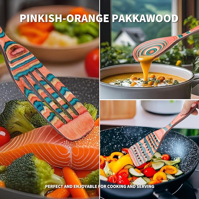 Gudamaye Pakkawood 7-Piece Wooden Cooking Utensils, Wooden Spoons for cooking, Wooden Utensil set, Pinkish-Orange Pakkawood Cooking Spoons, Non-Stick Spoon, Pakkawood kitchen utensils