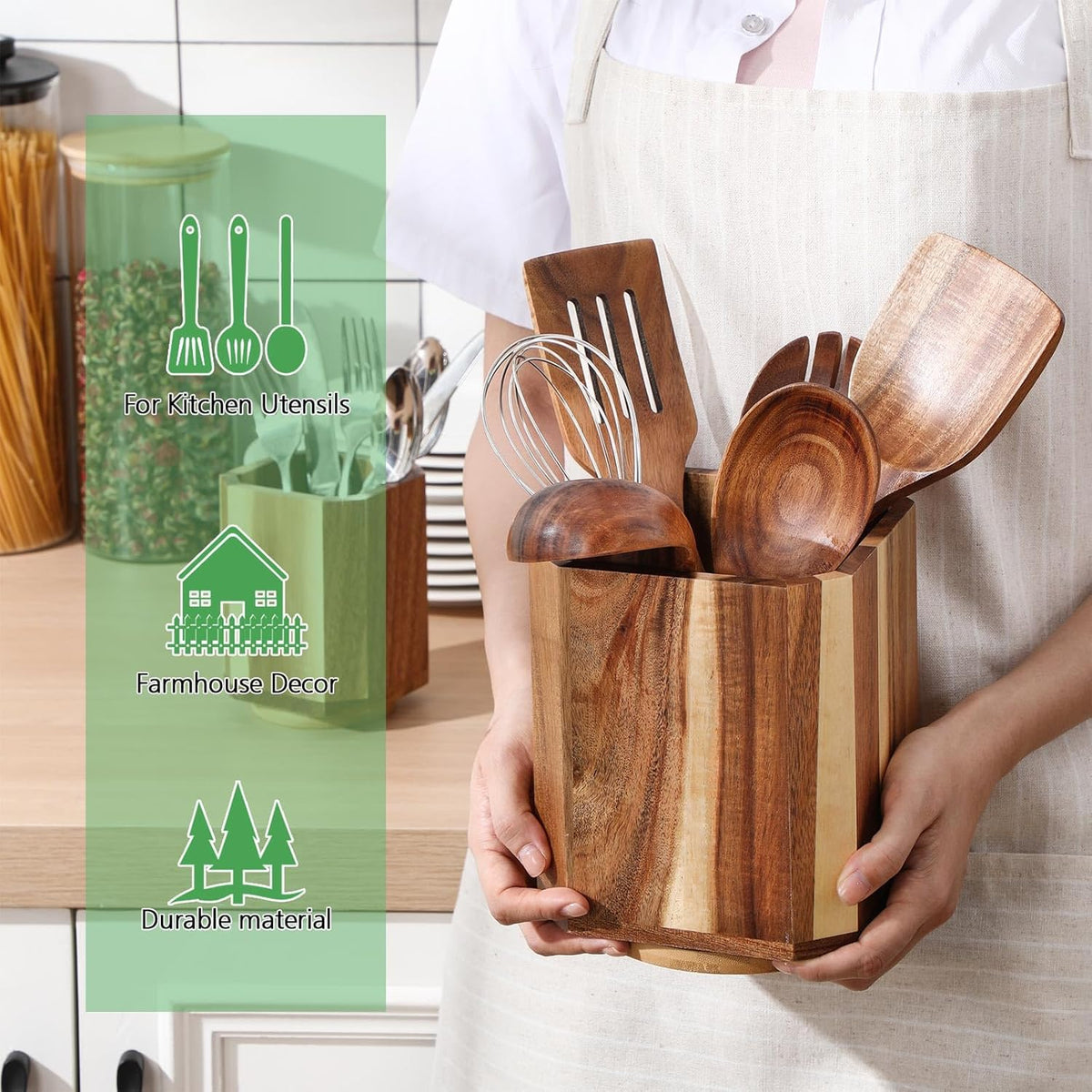 2 Pack Wooden Utensil Holder, 360°Rotating Kitchen Cooking Utensil Crock, Spoon Spatula Holder for Kitchen Counter, Farmhouse Countertop Organizer(Acacia,Square)