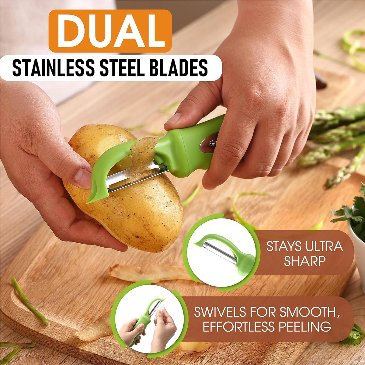 Spring Chef Premium Green Swivel Vegetable Peeler Set of 2, Stainless Steel Apple Peeler for Kitchen with Soft Grip Handle, Dishwasher Safe, Perfect for Potato, Carrot, Veggie, Fruit, Apple, Mango