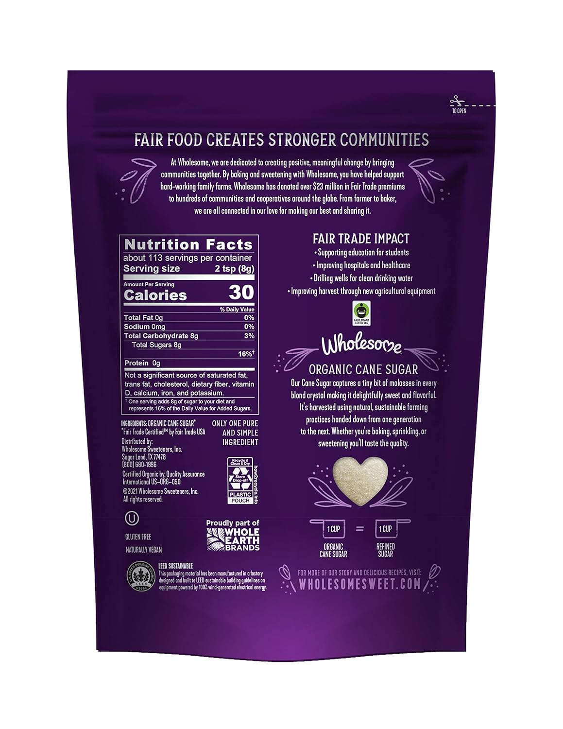 Wholesome Sweeteners 32-Ounce Organic Cane Sugar, Fair Trade, Non GMO, Gluten Free, Pure & Vegan, for Baking and Sweetening, 6 Pack