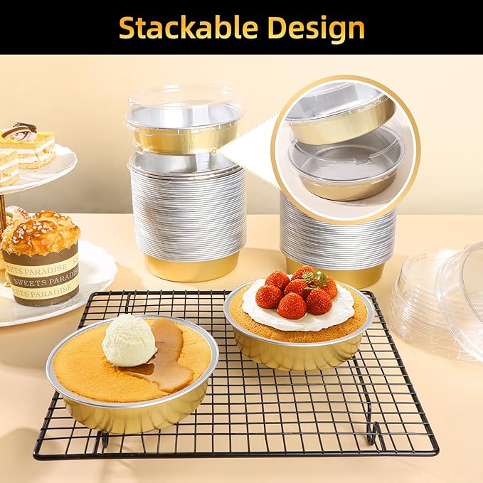 Beasea Mini Pie Tins with Lids, 120 Pack 4 Inch 8oz Disposable Creme Brulee Ramekins Golden Mini Small Aluminum Foil Pie Tart Cake Baking Pans Individual Round Containers Oven Safe for Baking