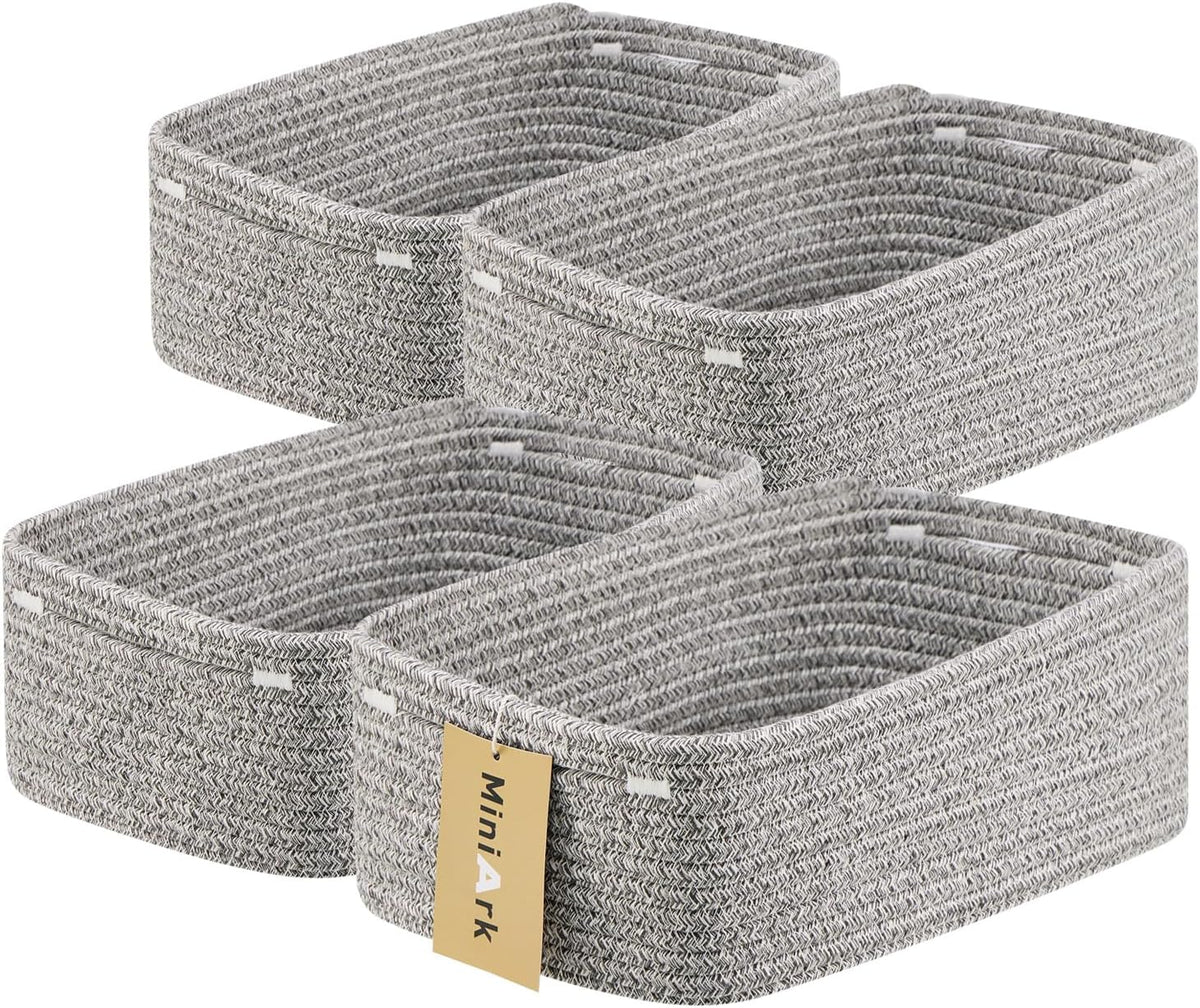 Small Storage Baskets for Organizing | Closet Organizer Bins | Shelf Toy Basket | Woven Rope Baskets | Cube Decorative Box | Shallow Basket | 13x8.5x5.1” | 4 Packs Mixed Grey