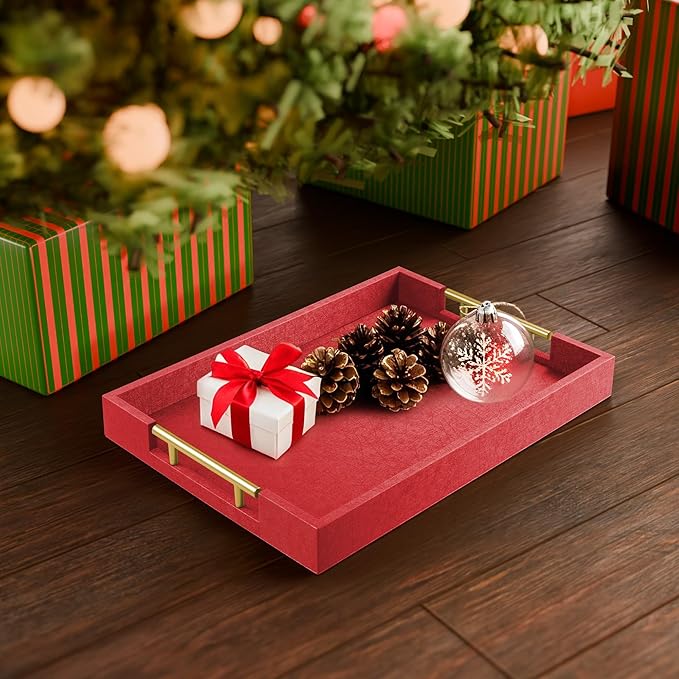 17" x 12" Wood Serving Tray with Gold Polished Metal Handles, Home Decorative Wooden Rectangle Ottoman Leather Decor Platter Bathroom Vanity Tray for All Occasions Red