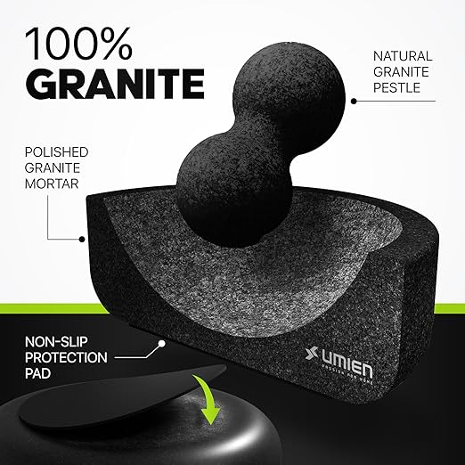 Umien™ Granite Mortar and Pestle Set - 100% Granite - 3.5-Cups - 8-Inch – Avocado Tool Included – Natural Stone Molcajete for Spices, Pestos, & Guacamole (Black) - Stone Grinder - Guacamole