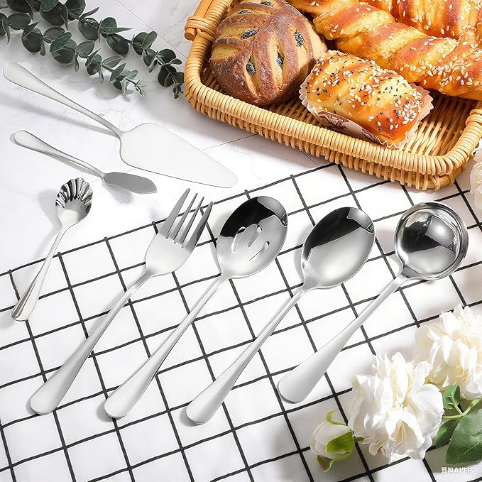 Patelai Serving Utensils Set Include Stainless Steel Large Spoons Slotted Spoons Forks Tongs Soup Ladle and Pie Server for Parties Buffet Catering, Dishwasher Safe(Silver,7 Pieces)