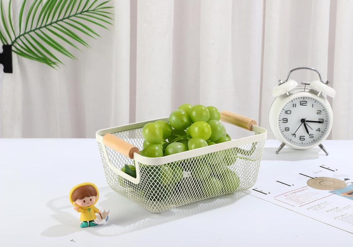 2Pack Metal Mesh Steel Basket, Small Wire Storage Organizer Basket Multi-function Hanging Kitchen Basket Fruit Basket with Wood Handle for Kitchen Picnic Cabinet Home Decor, Rectangle-Off White