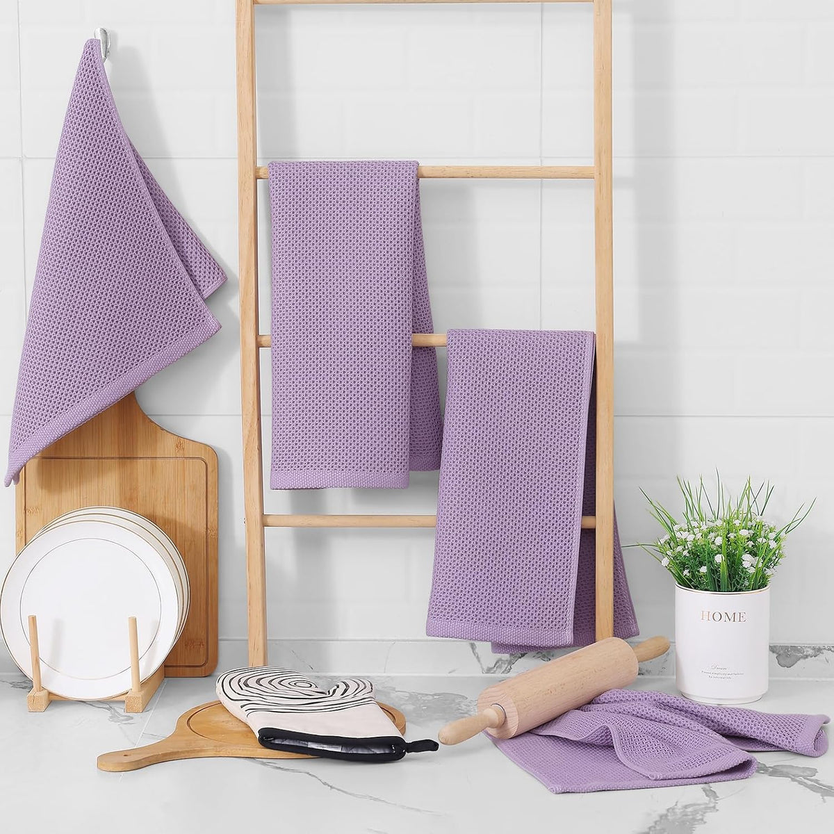 Homaxy 100% Cotton Waffle Weave Kitchen Dish Towels, Ultra Soft Absorbent Quick Drying Cleaning Towel, 13 x 28 Inches, 8-Pack, Lavender