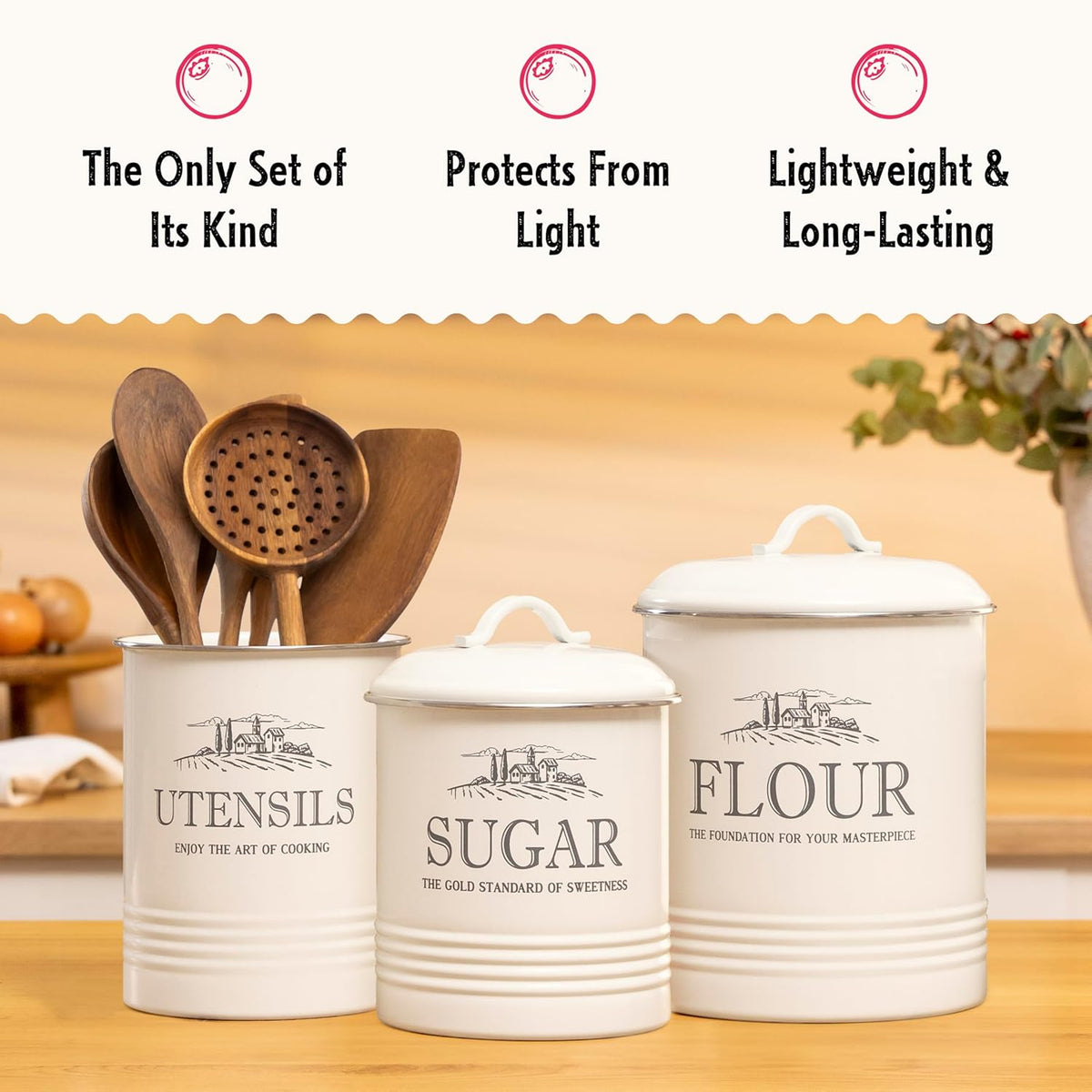 Canisters for Kitchen Counter, Set of 3 - Airtight Sugar and Flour Containers & Kitchen Utensil Holder, Rustic Farmhouse Canister Set for Kitchen Countertop