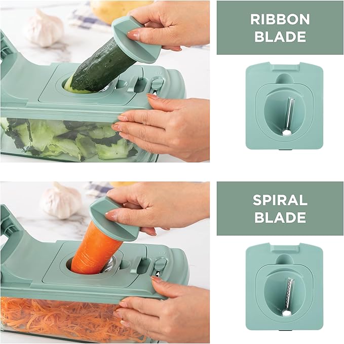 ook with Color Vegetable Chopper - Multifunctional 11 in 1 Vegetable Chopper with Container - Food Chopper to Dice, Chop, Slice, Julienne and Spiralize, Sage