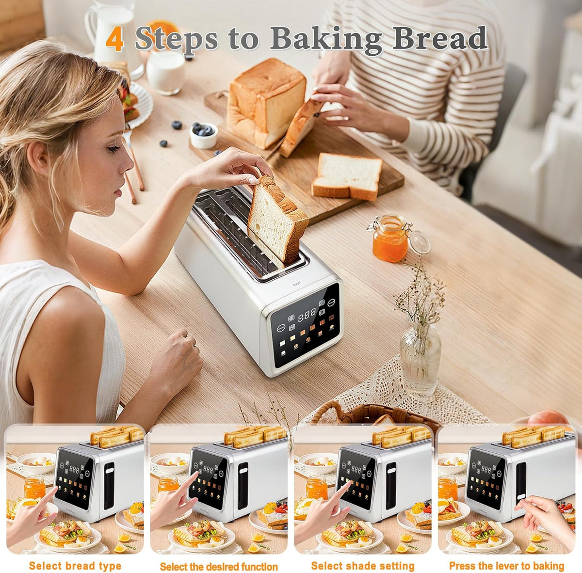 Long Slot Toaster 4 Slice, Touch Screen LED Display, 1.5” Extra Wide Slots for Thick Bread & Bagels, Countdown Timer, Memory Function, Dual Independent Control, 6 Shade Settings, Stainless Steel