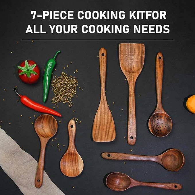 FJNATINH 7-Piece Nonstick Wooden Cooking Utensils Set, Natural and Healthy Kitchen Utensils（7 Pcs）