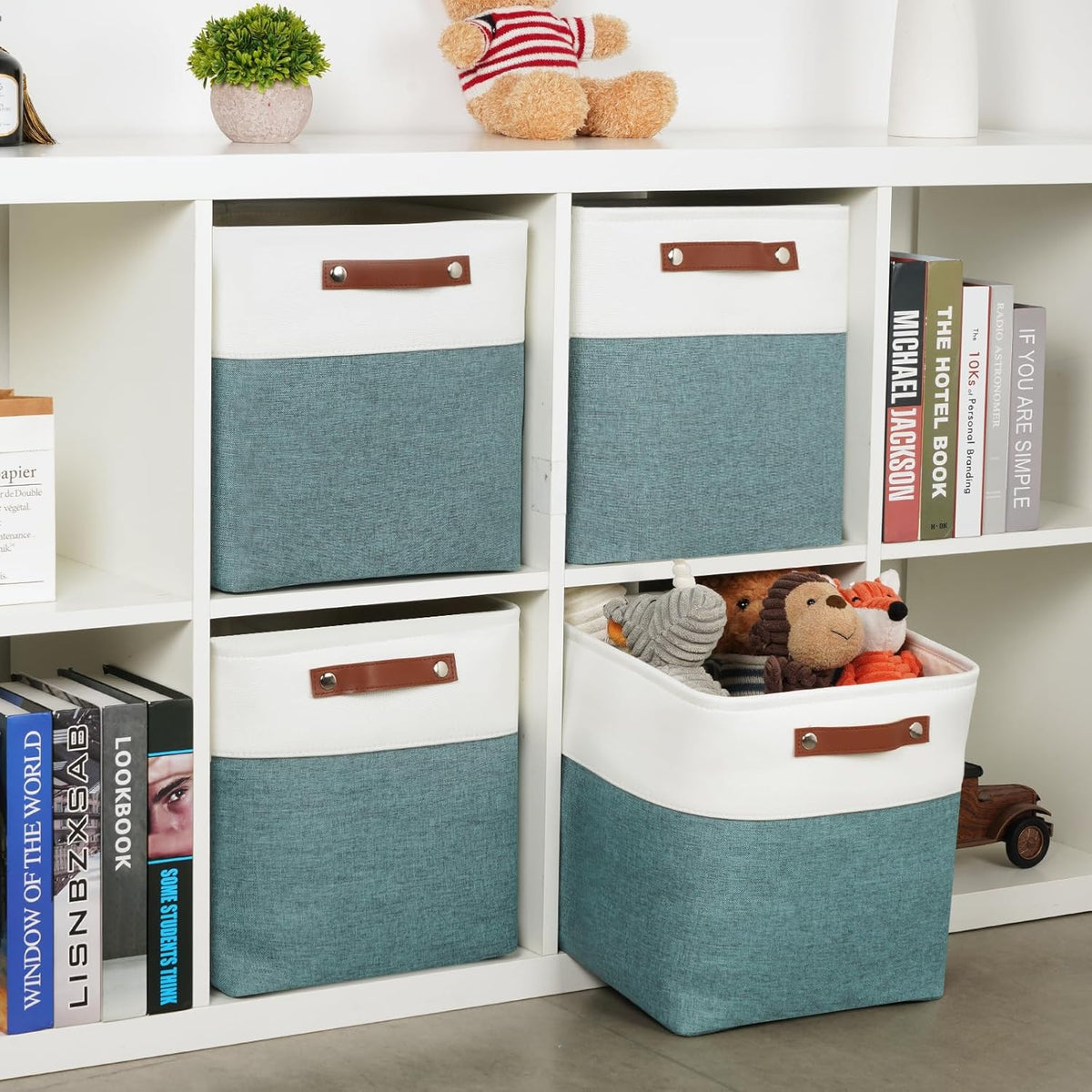 DULLEMELO Set Of 4 Cube Storage Bins, Fabric Storage Basket for Shelves Closet Nursery Toy Storage, 12 inch Fabric Storage Cubes Bins Canvas Organization Baskets (White&Deep Green)