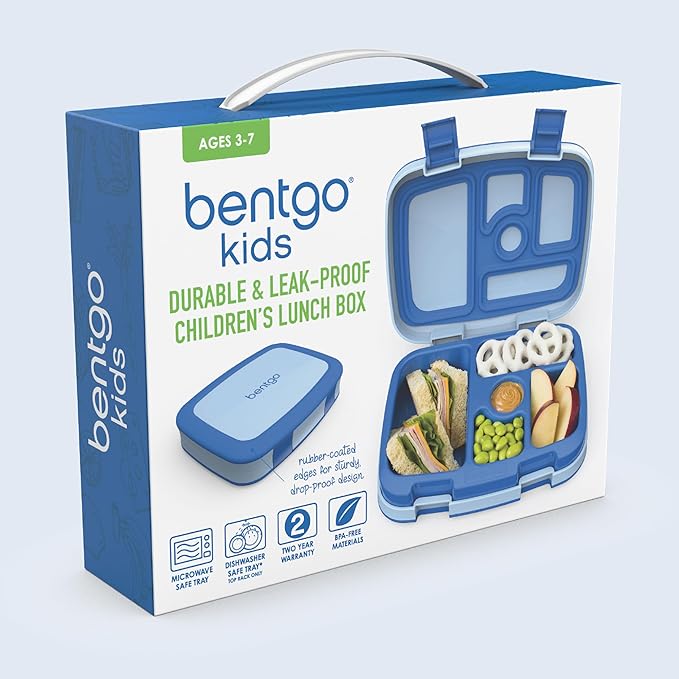 Bentgo Kids Bento-Style 5-Compartment Leak-Proof Lunch Box - Ideal Portion Sizes for Ages 3 to 7 - Durable, Drop-Proof, Dishwasher Safe, PFAS & BPA-Free & Made with Food-Safe Materials (Blue)