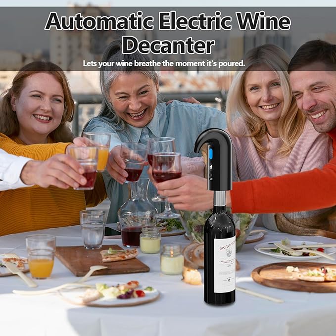 Electric Wine Aerator & Decanter Pump – Quiet Dual-Pump Aeration, Measured Pouring, Temp Display & USB Rechargeable System – Professional Wine Tool for Home Bars (Black)