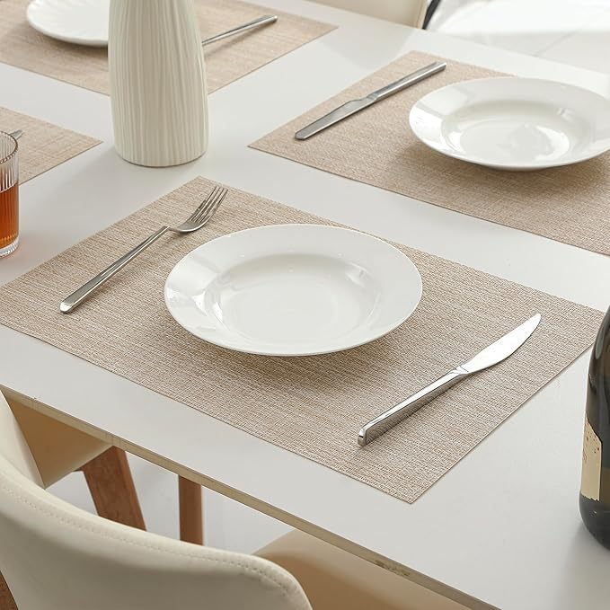 Leetaltree Beige Placemats Set of 16 - Heat Resistant Non-Slip Place mats for Dining Table, Washable Durable PVC Vinyl Woven Table Mats(Beige, 16)