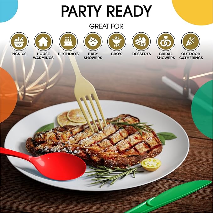 Party Solids Christmas Plastic Silverware Heavy Duty 150 Pieces Christmas Plastic Cutlery Sets, Utensil Sets, 50 Of Each Forks, Knives & Spoons Disposable Cutlery Set, Flatware Set For Party Supplies