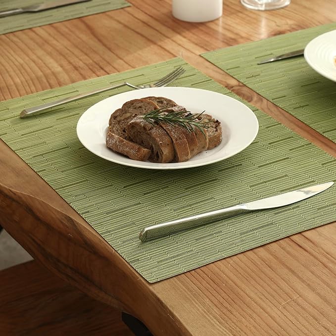 Leetaltree Pea Green Placemats Set of 6 - Heat Resistant Non-Slip Place mats for Dining Table, Washable Durable PVC Vinyl Woven Table Mats（Pea Green, 6）