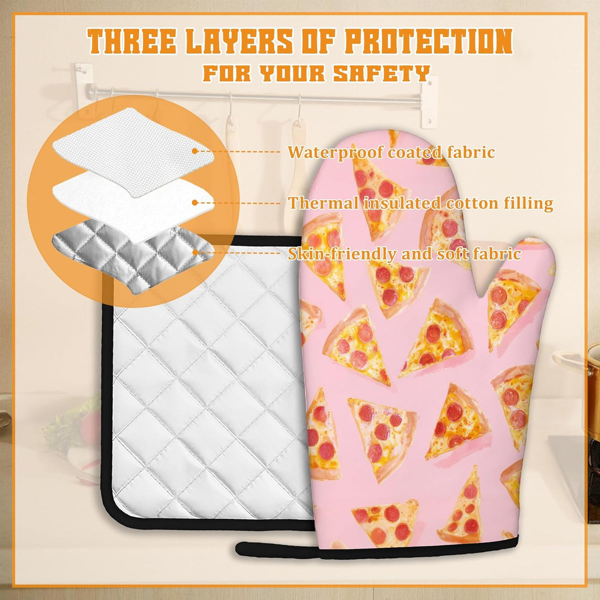 Cute Pizza Oven Mitts and Pot Holders,Heat Resistant Oven Mitts Gloves and Pot Holder for Home Kitchen Decorations Cooking Baking BBQ Gifts,Set of 4