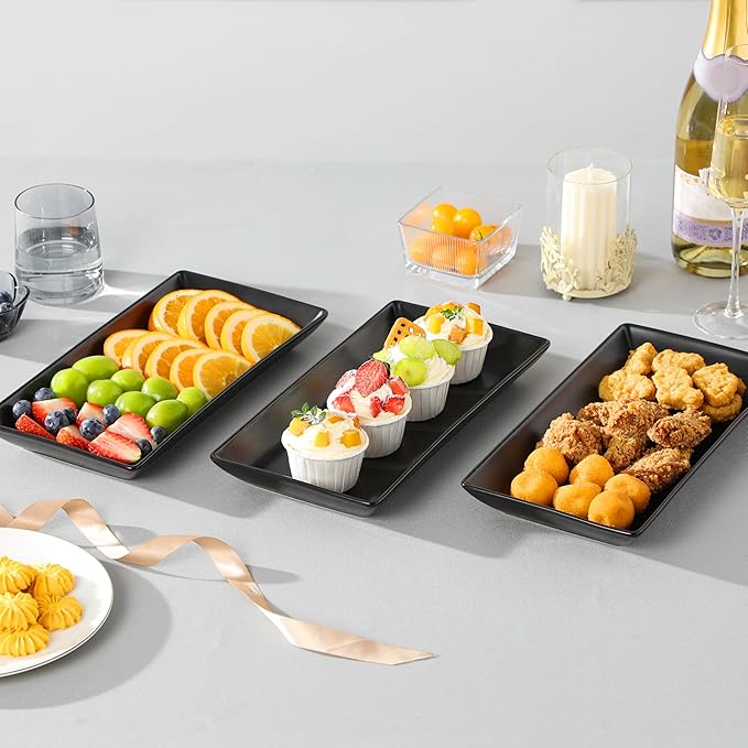 MALACASA 3 Tier Serving Trays for Party, 12 Inch Porcelain Black Trays for Serving Food, Dessert Stand with Collapsible Gold Metal Rack