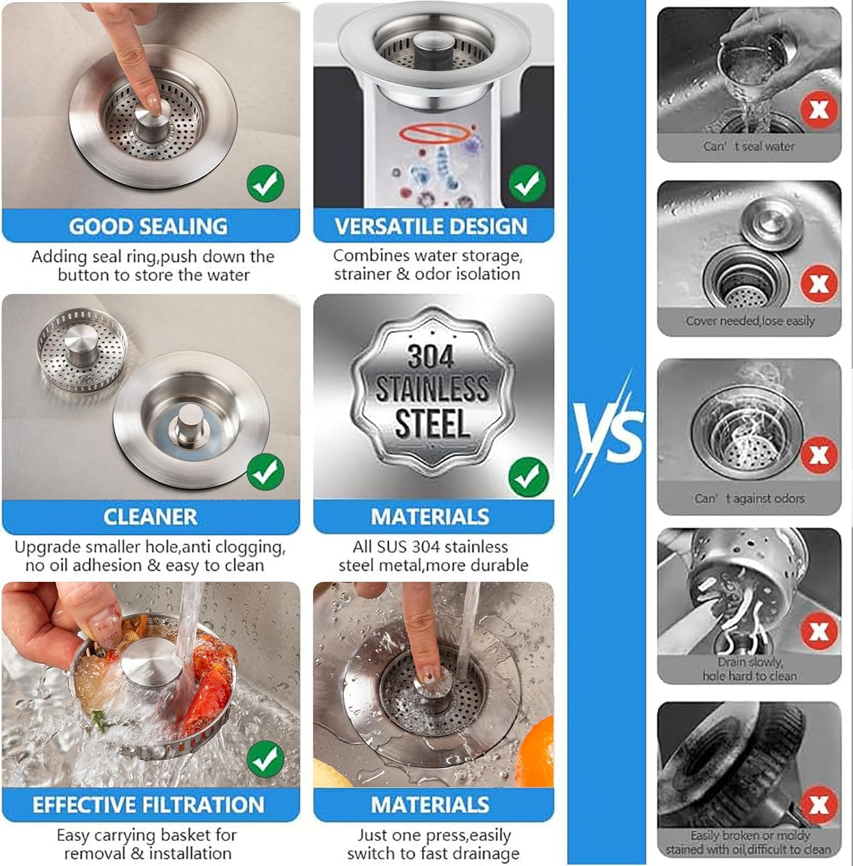SELLO 3 in 1 Kitchen Sink Drain Strainer, 304 Stainless Steel Pop-Up Sink Stopper with Filter Basket, Anti-Clogging Sink Drain Strainer for 3-1/2''Drain Hole of US Standard Kitchen Drain