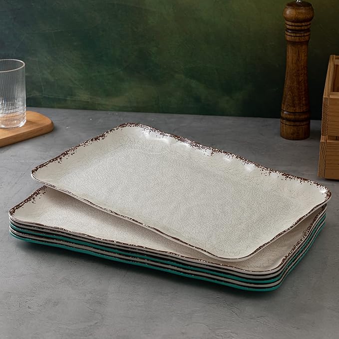 LEHAHA Farmhouse Large Serving Platters, 2 Piece Melamine Dinnerware Set, 17.5 x 10 Inches Vintage Serving Tray, Rectangle White Rustic Trays Set of 2
