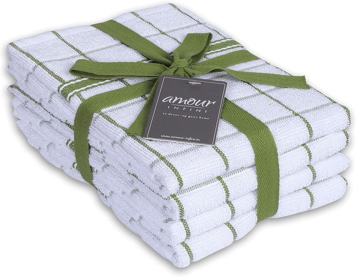 AMOUR INFINI Terry Cotton Kitchen Towels 4-Pack - Large 18 x 28 Inch, Absorbent & Soft Dish Towel with Hanging Loop, Washable Ideal for Cleaning, Drying (Green)