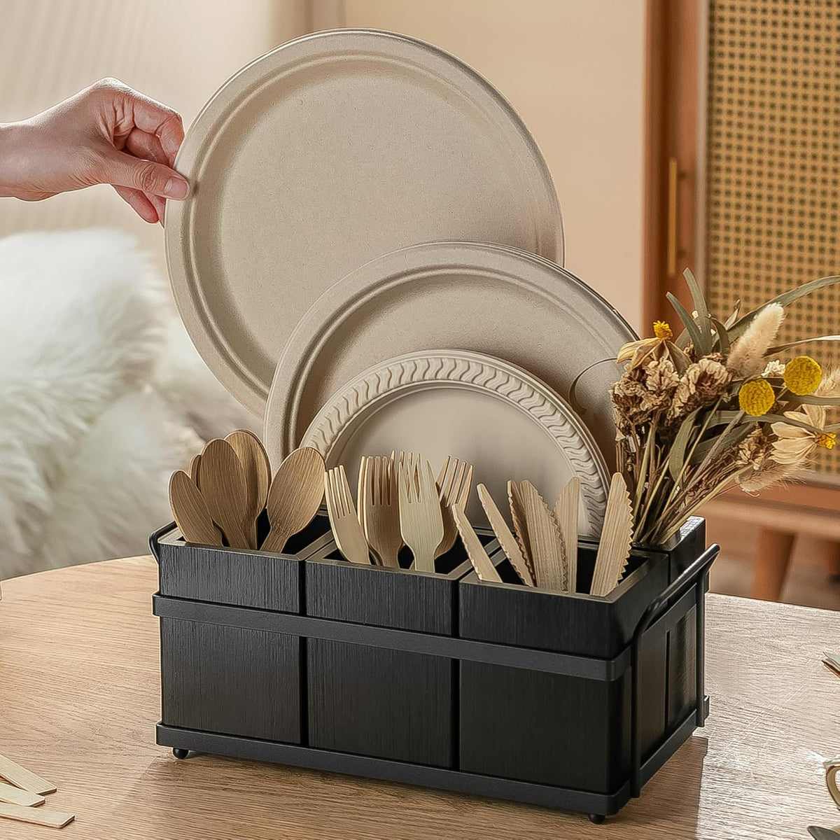PTSTING Silverware Caddy Black Wood Silverware Holder Paper Plate Dispenser Utensil Caddy Cutlery Flatware Organizer Box for Spoons Forks Plates Napkins