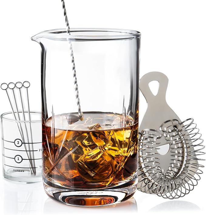 Cork & Mill Cocktail Mixing Glass, Old Fashioned Kit, Large 24 oz Crystal Cocktail Mixer for Bartenders, 9-Piece Home Bar Accessories Set for Manhattans and Other Whiskey Drinks