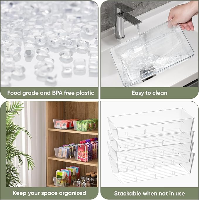 BALEINE Pantry Organizers and Storage Bins, Plastic Clear Storage Bins with 3 Removable Dividers, BPA-Free Fridge Organizers for Kitchen Cabinet Bathroom (10.5x6.1x3.5, 2PK)